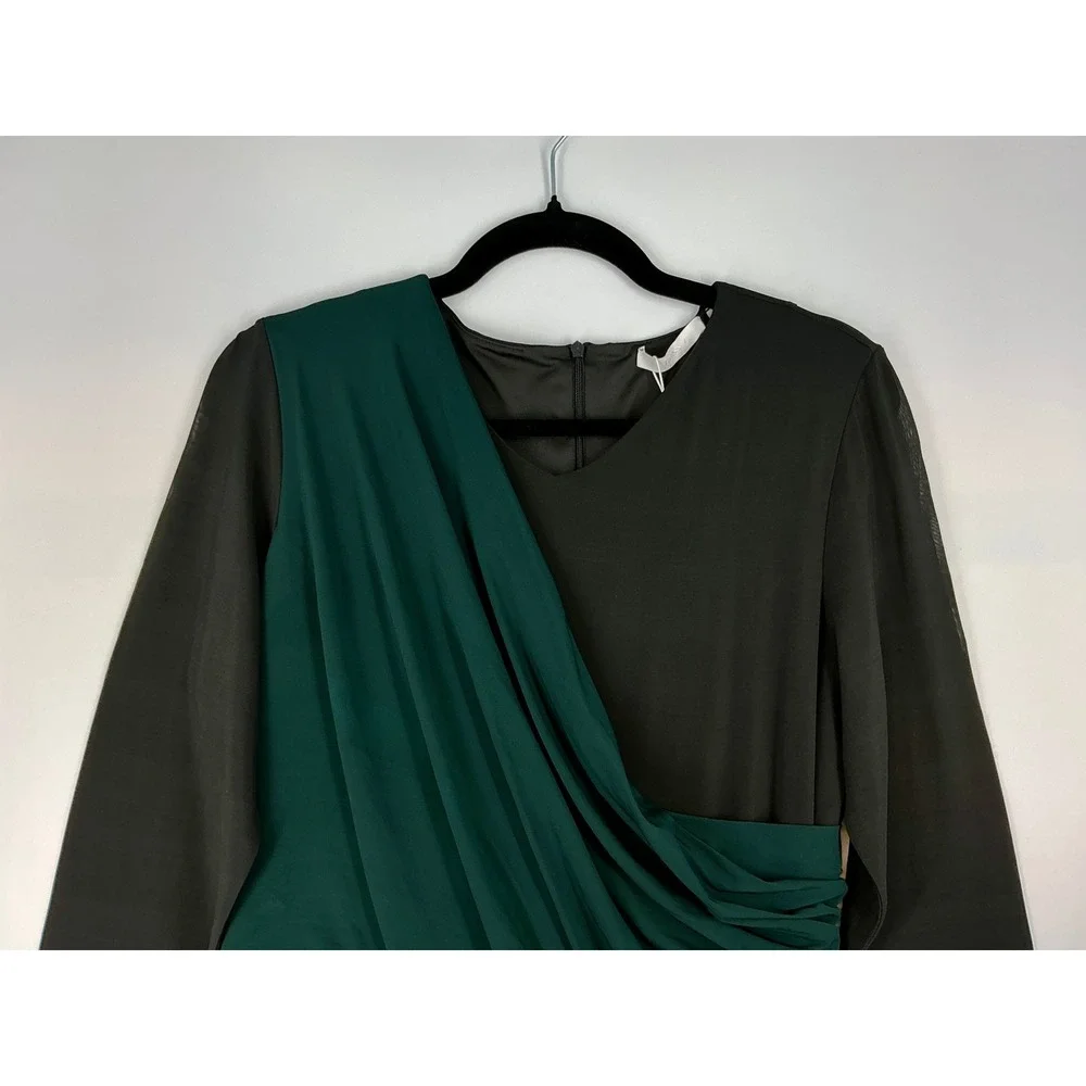 Hugo Boss Eretha Black Green Colorblock Dress Sz XL Ruched Long Sleeve Cocktail - Picture 12 of 14